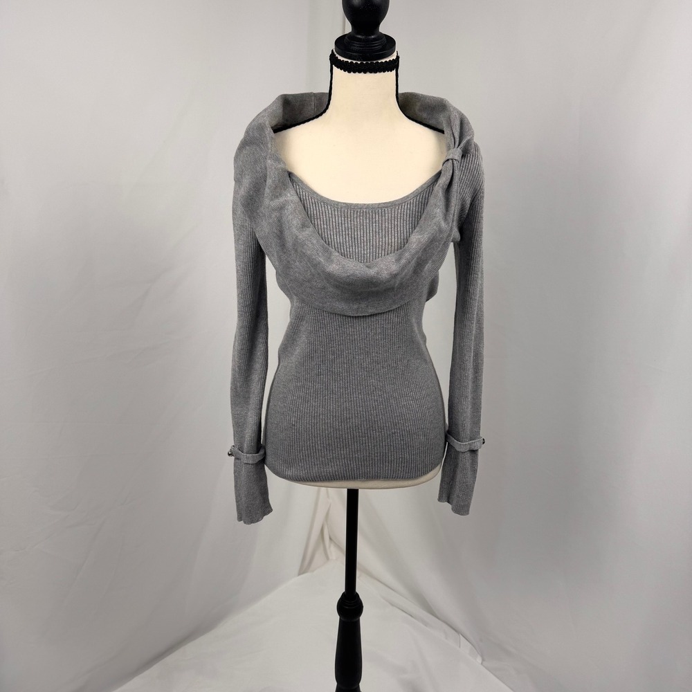 Grace Cowl Neck Sweater Women Small Gray Ribbed Knit Draped Button Cuff